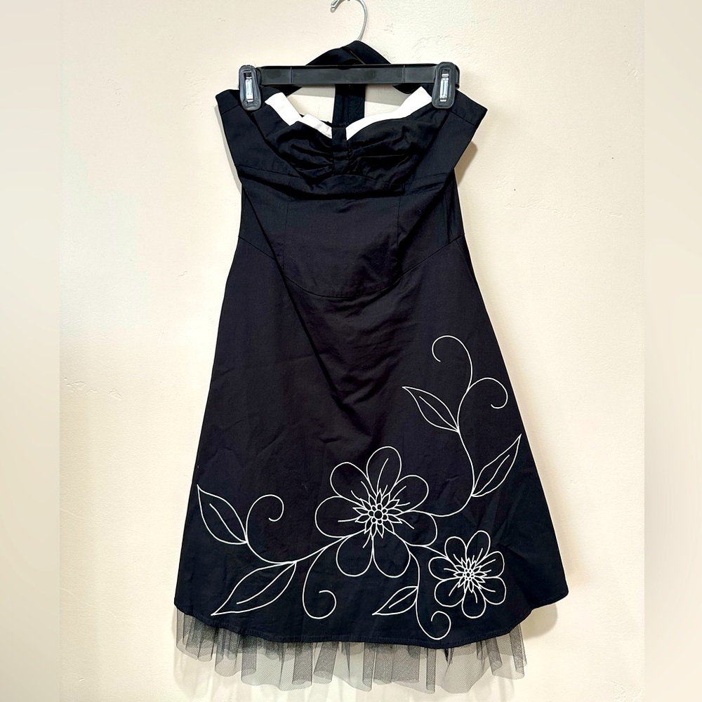 Black halter a-line dress with tulle under-trim